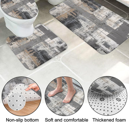 Lnond 4Pcs Bathroom Shower Curtain Sets with Rugs,Black and Grey Painting Art Bathroom Sets with Shower Curtain and Rugs and Accessories