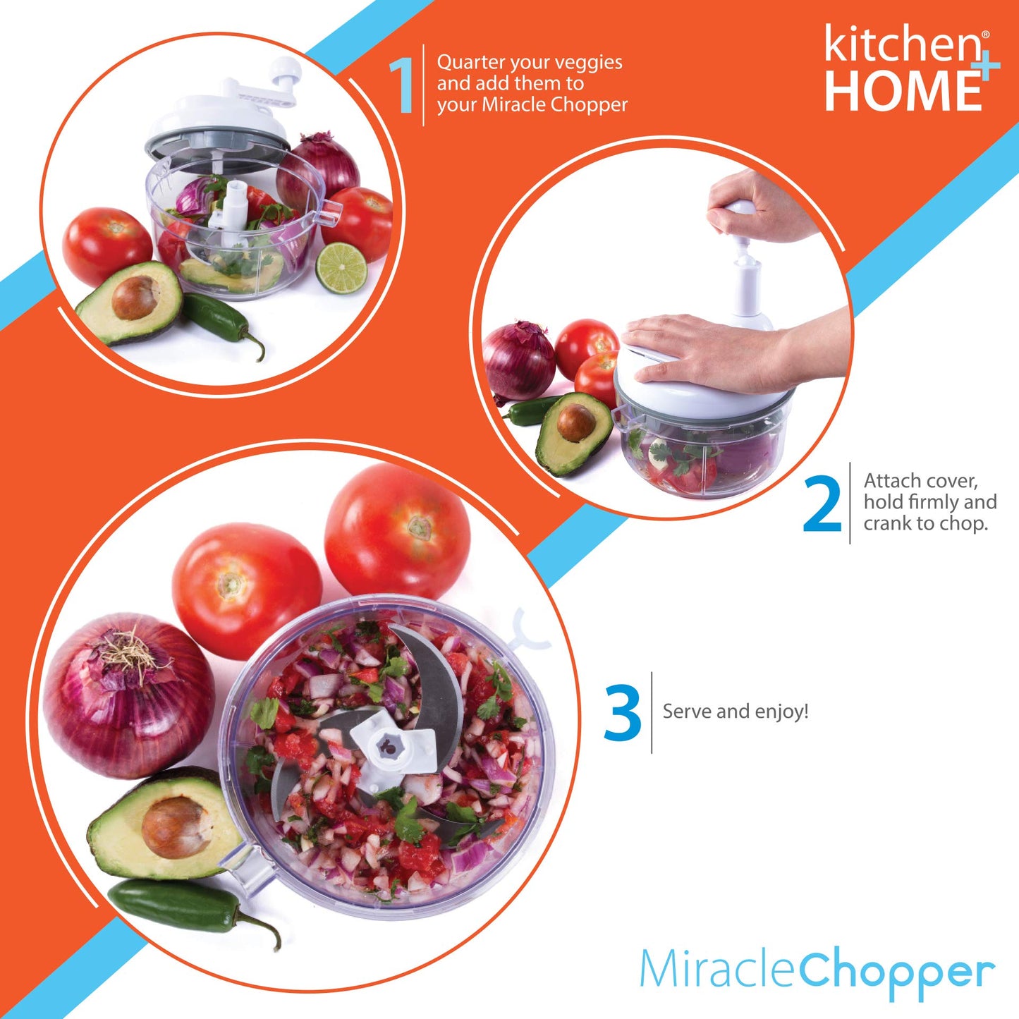 Kitchen + Home Manual Food Chopper - 5 in 1 Miracle Chopper, Salsa Maker, Blender, Slicer, Shredder and Julienne – As Seen on TV Manual Food Processor