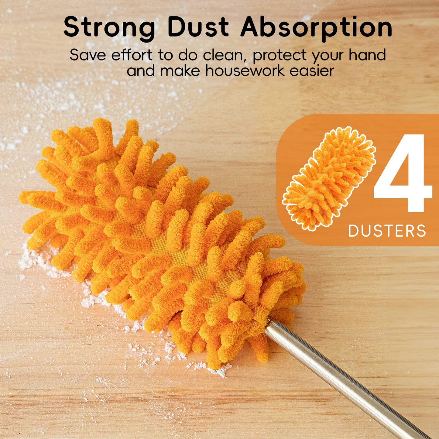 Microfiber Duster for Cleaning, Tukuos Hand Washable Dusters with 4pcs Replaceable Microfiber Heads, Extendable Pole, Detachable Cleaning Supplies for Office, Car, Window, Furniture, Ceiling Fan