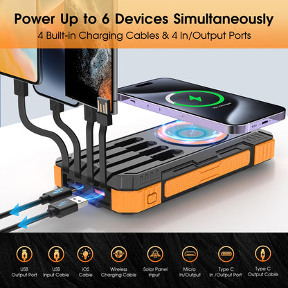 Power Bank Solar Charger,49800mAh Wireless Portable Charger with 4 Built-in Cables,22.5W Fast Charging Battery Pack USB-C in/Output PD+QC3.0 Portable Power Bank for All Cell Phones