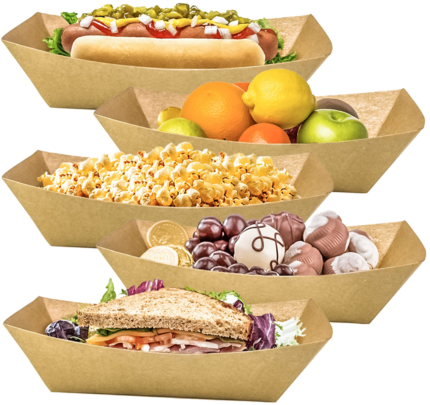 MotBach 100 Pack 2lb Kraft Paper Food Trays, Heavy-Duty Paper Food Boat Disposable Serving Basket Tray for French Fries Nachos Snack Hot Dog Taco BBQ Popcorn Party Picnic Wedding Party (Brown)