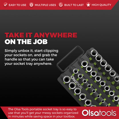 Olsa Tools Portable Socket Organizer Tray | Black Rails with Green Clips | Holds 80 Sockets | Professional Quality Socket Holder