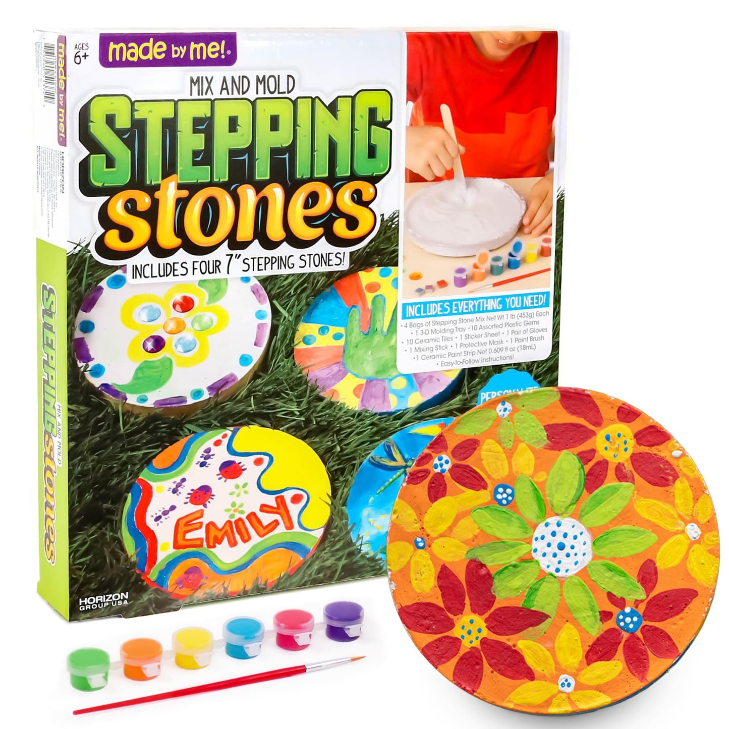 Made By Me Mix & Mold Your Own & Make 4 DIY Personalized Stepping Stones, Great Spring & Summer Weekend Activity, Perfect Keepsake, Birthday Party Idea for Kids Ages 5, 6, 7, 8, 9, Multicolor