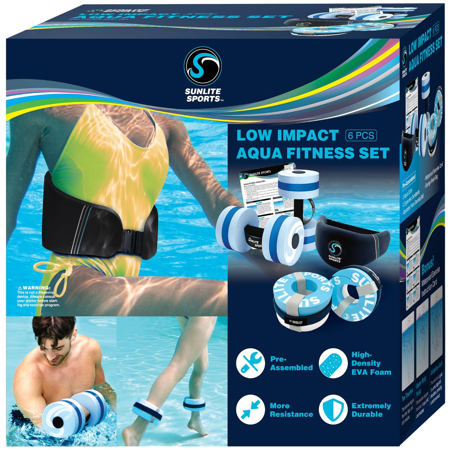 Sunlite Sports Water Workout Combo Set, Aqua Dumbbells, Swim Belt and Aqua Cuffs, Water Weights for Pool Exercise, Water Aerobics Equipment, High-Density EVA Foam for Aqua Jogging and Therapy