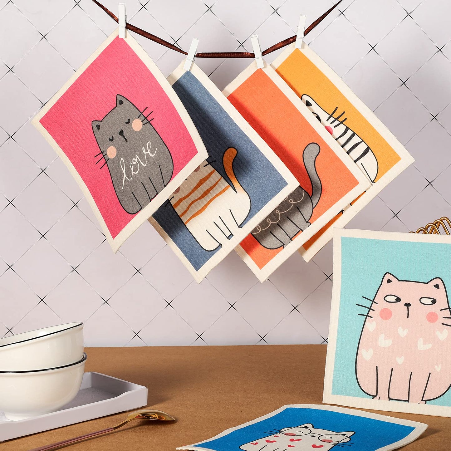 Patelai 6 Pieces Cat Swedish Kitchen Dish Towels Kitchen Cloths Reusable Sponge Cleaning Absorbent Dish Cloth No Odor Cat Hand Towel Quick Drying Washable Cleaning Wipes