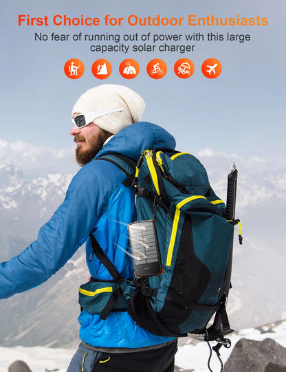 MINRISE Solar Charger Power Bank, 40000mAh Portable Phone Charger Built in 4 Cables with USB C in/Output, PD 20W Fast Charging Portable Charger, External Battery Pack with Dual Bright Flashlights