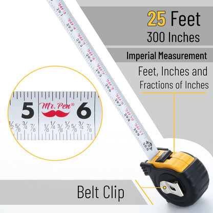 Mr. Pen 25-Foot Steel Retractable Tape Measure with Easy Read Fractions