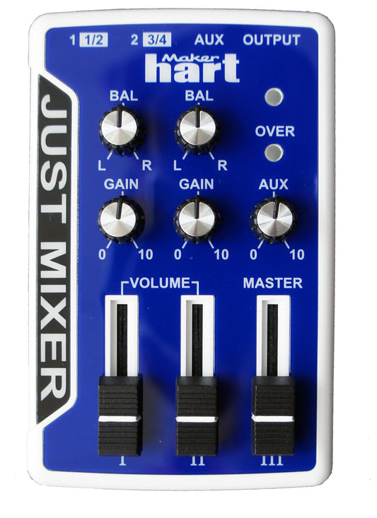 JUST MIXER Audio/DJ Mixer - Battery/USB Powered Portable Pocket Audio Mixer w/ 3 Stereo Channels (3.5mm) Plus On/Off Switch (Blue)
