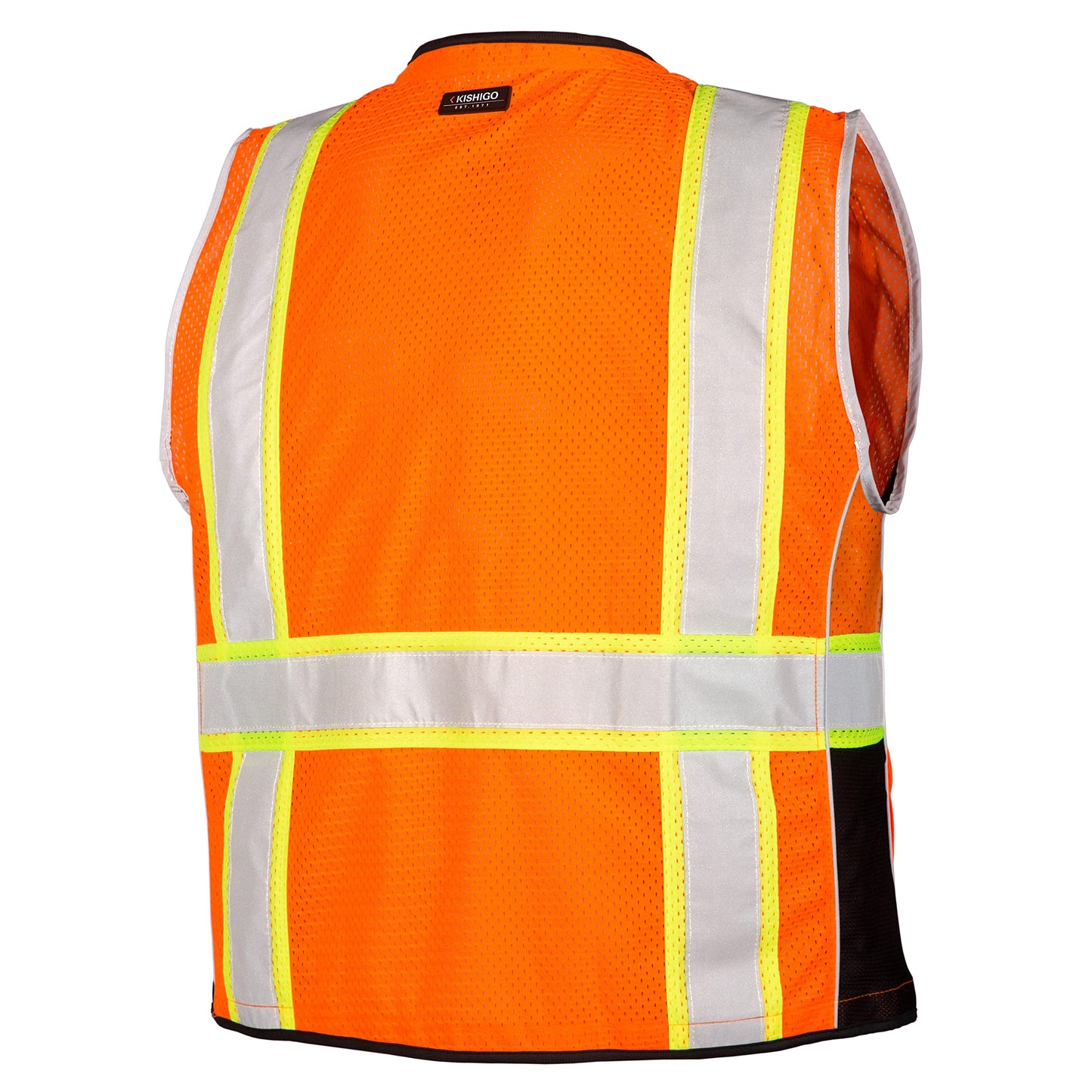 Kishigo Premium Black Series Heavy Duty Unisex Reflective Safety Vest 1514, ANSI Type R / Class 2 Compliant, 6 Pockets - Pencil & Radio Pockets, Reflective Silver Lining & Black Trim (Orange, XL)