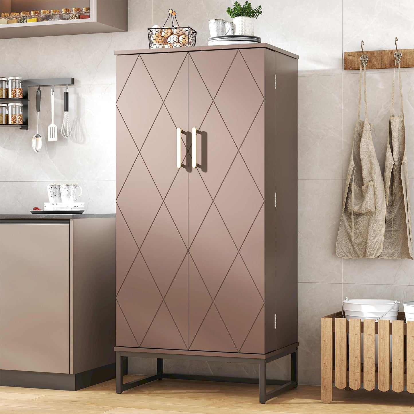 kepptory 51” Pantry Cabinets, Freestanding Kitchen Pantry Storage Cabinet with Adjustable Shelves, Buffet Cupboards Storage Cabinet for Home Office Use (Brown)