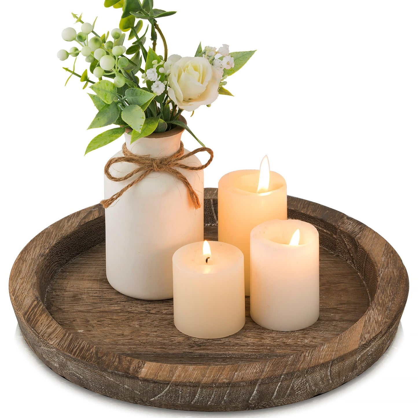 Hanobe Candle Plate Holder Tray: Round Wooden Decorative Candle Plate Small Farmhouse Table Centerpiece Rustic Wood Tealight Pillar Trays for Christmas Wedding Halloween Home Decor