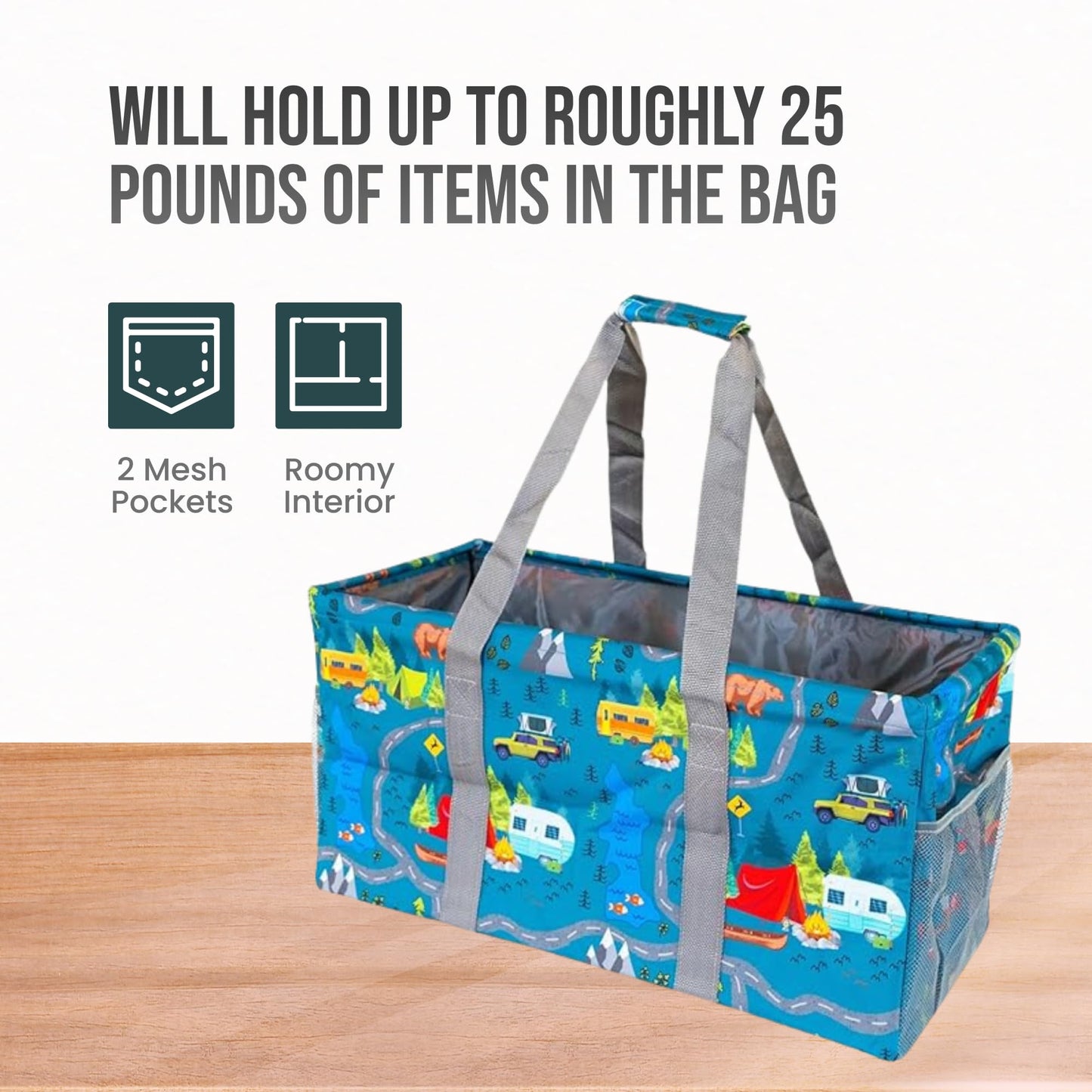 Lucazzi Extra Large Utility Tote Bag - Oversized Collapsible Reusable Wire Frame Rectangular Canvas Basket With Two Exterior Pockets For Beach, Pool, Laundry, Car Trunk, Storage - Camping