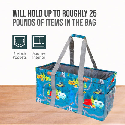 Lucazzi Extra Large Utility Tote Bag - Oversized Collapsible Reusable Wire Frame Rectangular Canvas Basket With Two Exterior Pockets For Beach, Pool, Laundry, Car Trunk, Storage - Camping