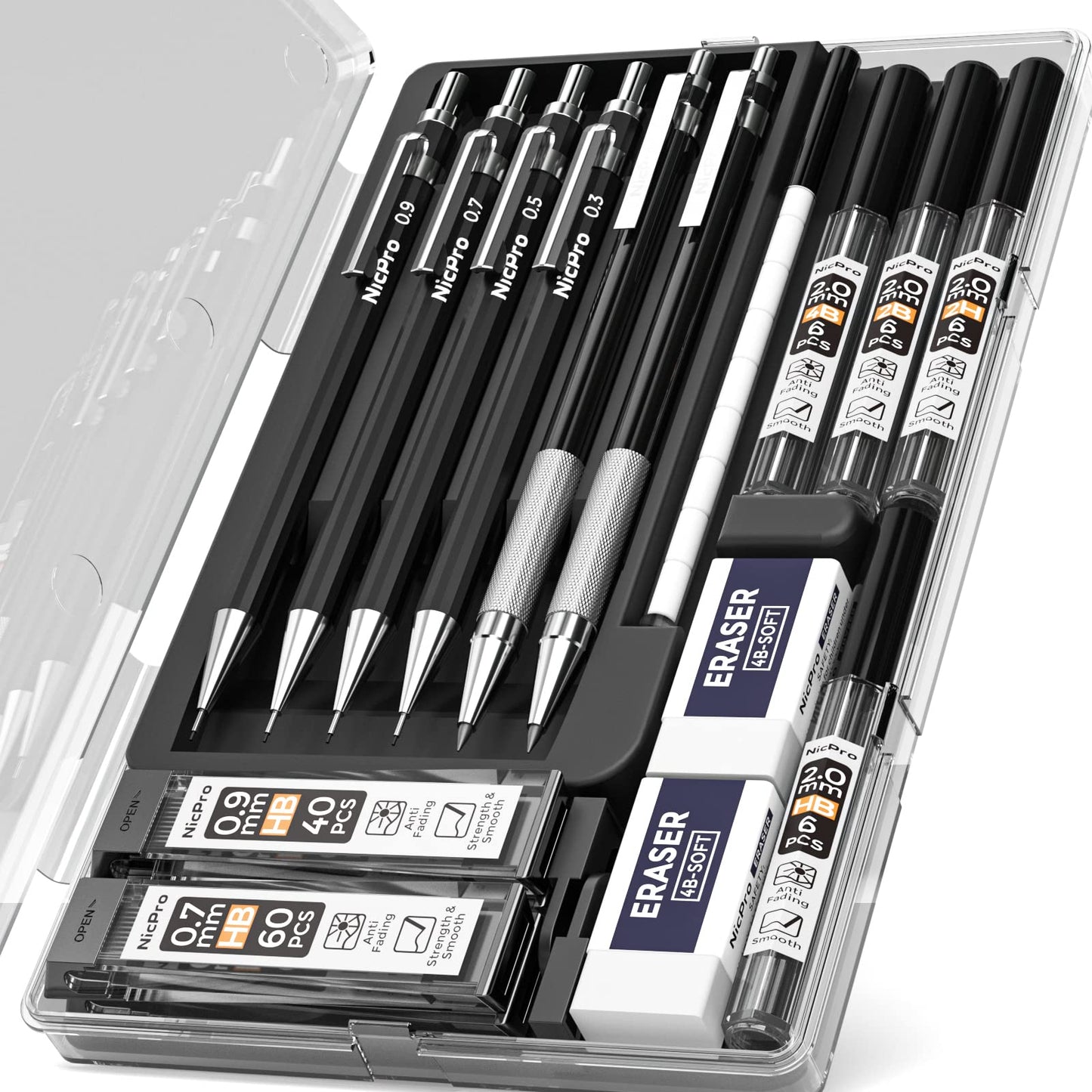 Nicpro 6 PCS Art Mechanical Pencil Set, Black Metal Drafting Pencil 0.3, 0.5, 0.7, 0.9 mm & 2PCS 2mm Graphite Lead Holder(4B 2B HB 2H) For Writing Sketching Drawing With 8 Lead Refills Eraser Case