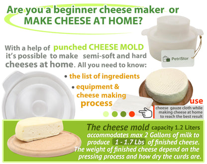 PetriStor Cheese Mold for Cheese Making Cheese with Follower Piston 1.3QT and Cheesecloth - Cheese Form Mold - Cheese Making Basket - Paneer Cheese Press Mold - Molde Para Queso