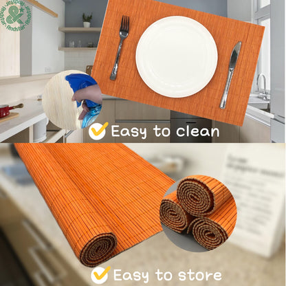 ANDSTAR Non-Slip Waterproof Placemats Set of 6 - Reusable Wipeable Table Mats for Dining Table, Kitchen, Outdoor Picnic, 12x18 Inch PVC Backed Heat Resistant Place Mats Dishwasher Safe（Orange）