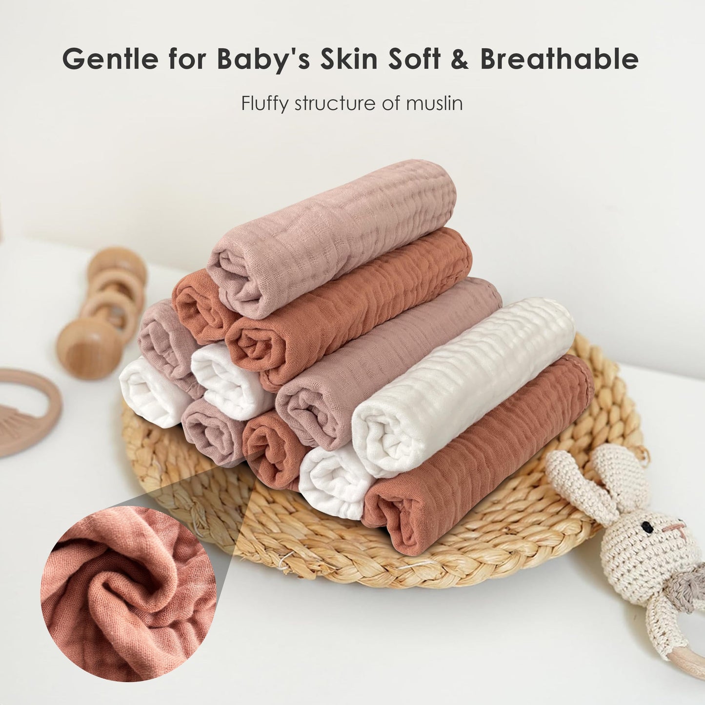 Muslin Burp Cloths for Baby 100% Cotton Burping Cloths for Unisex, Boy, Girl - Large 20'' by 10'' Newborn Essentials Ultra Soft Absorbent Milk Spit Up Rags - 12 Pack - White+Light Bean Paste Series