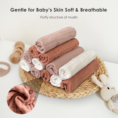Muslin Burp Cloths for Baby 100% Cotton Burping Cloths for Unisex, Boy, Girl - Large 20'' by 10'' Newborn Essentials Ultra Soft Absorbent Milk Spit Up Rags - 12 Pack - White+Light Bean Paste Series