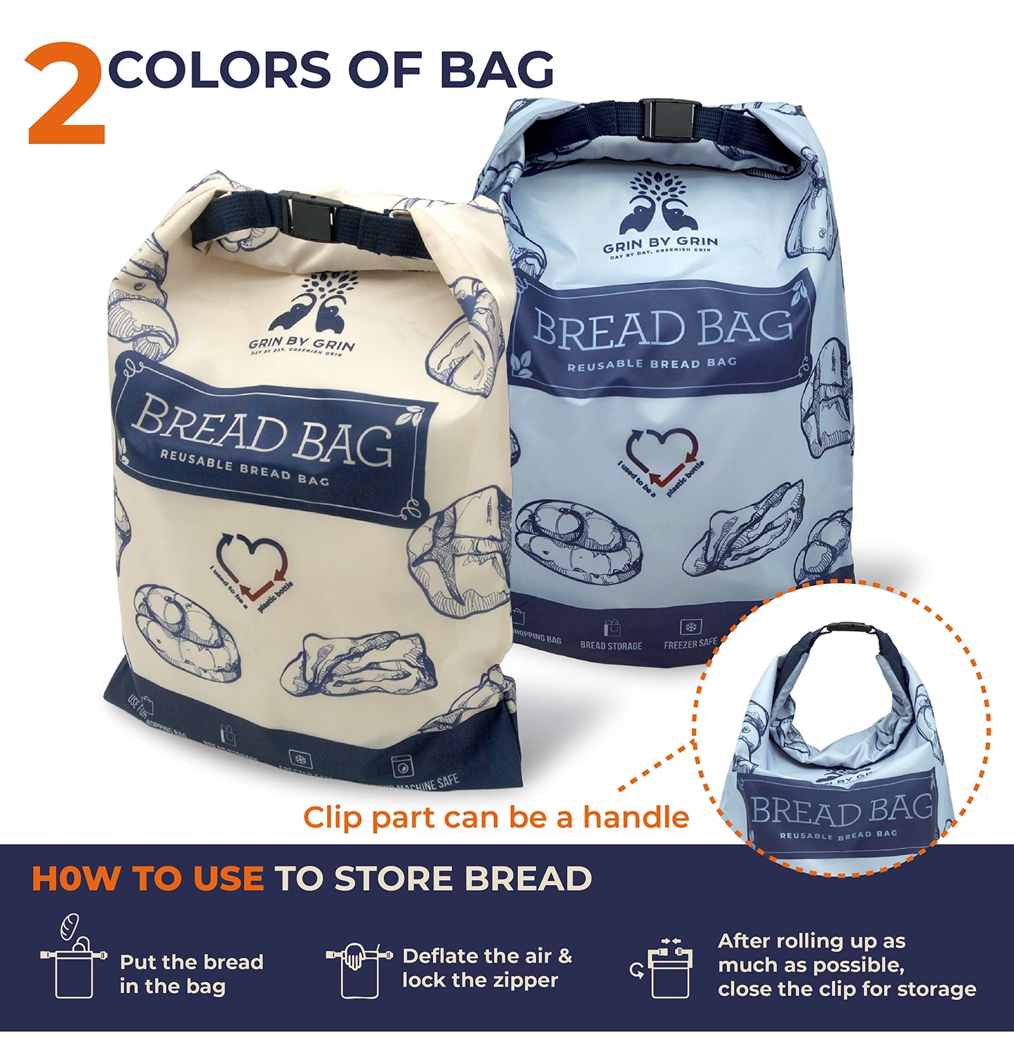 GRIN BY GRIN- 2 Packs Bread Bags, Zipper Reusable Bread Bags for Homemade Loaf, Freezer Sourdough Container, Fresh Keeping Extra Large, Reusable Food Storage Bag