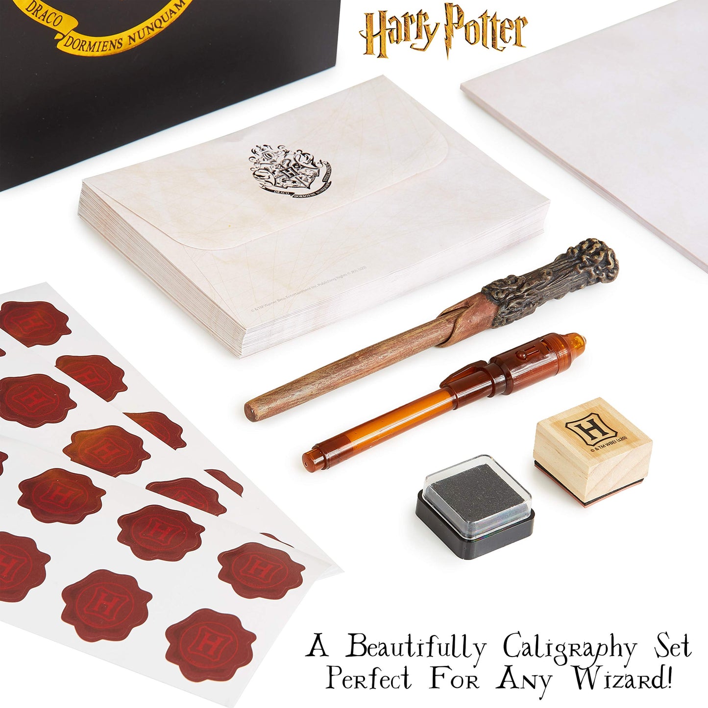 Harry Potter Calligraphy Set with Notepad Wand Pen Magic Invisible Ink Pen Envelopes Paper Cool Stickers Ink Stamp Fun Hogwarts Stationary Gift for Kids