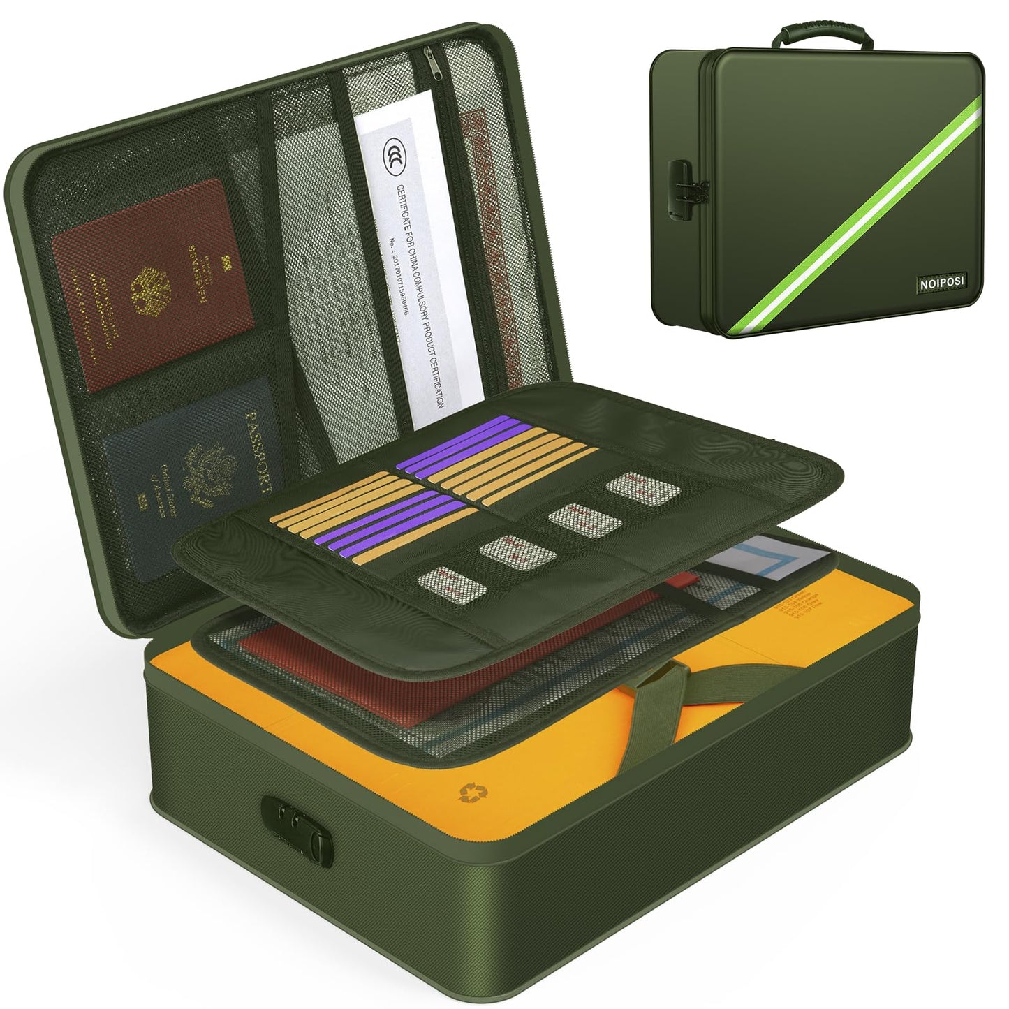 Noiposi Document Organizer with 5200℉ Heat Insulated,Waterproof and Fireproof Document Box,Portable Home Travel Safe Storage Box for Important Documents,File and Birth Certificate，Green