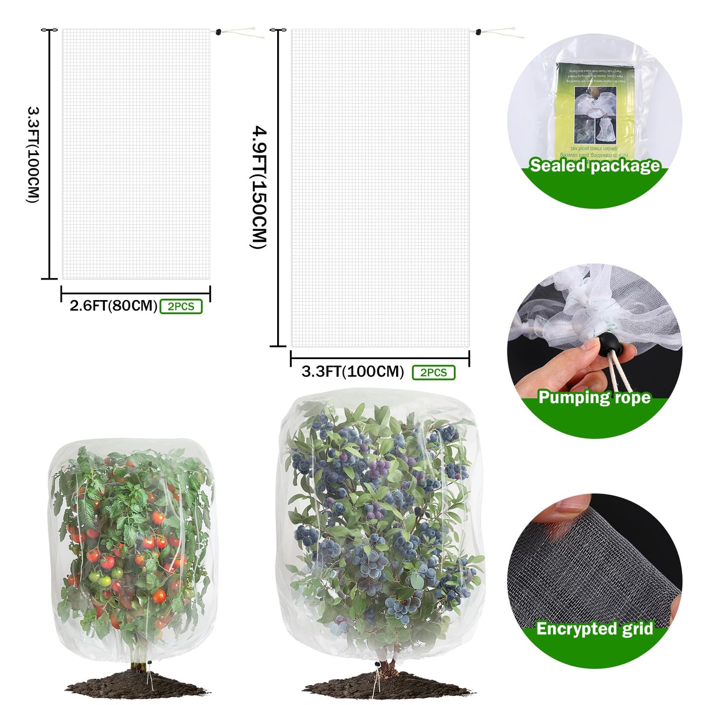 4 Pack Garden Mesh Netting for Plants 2.6x3.3ft - 3.3x4.9ft Insect Bird Netting Pest Barrier Bag with Drawstring 2 Size Fruits Tree Blueberry Bush Netting Cover Bag Protection for Vegetables Tomato