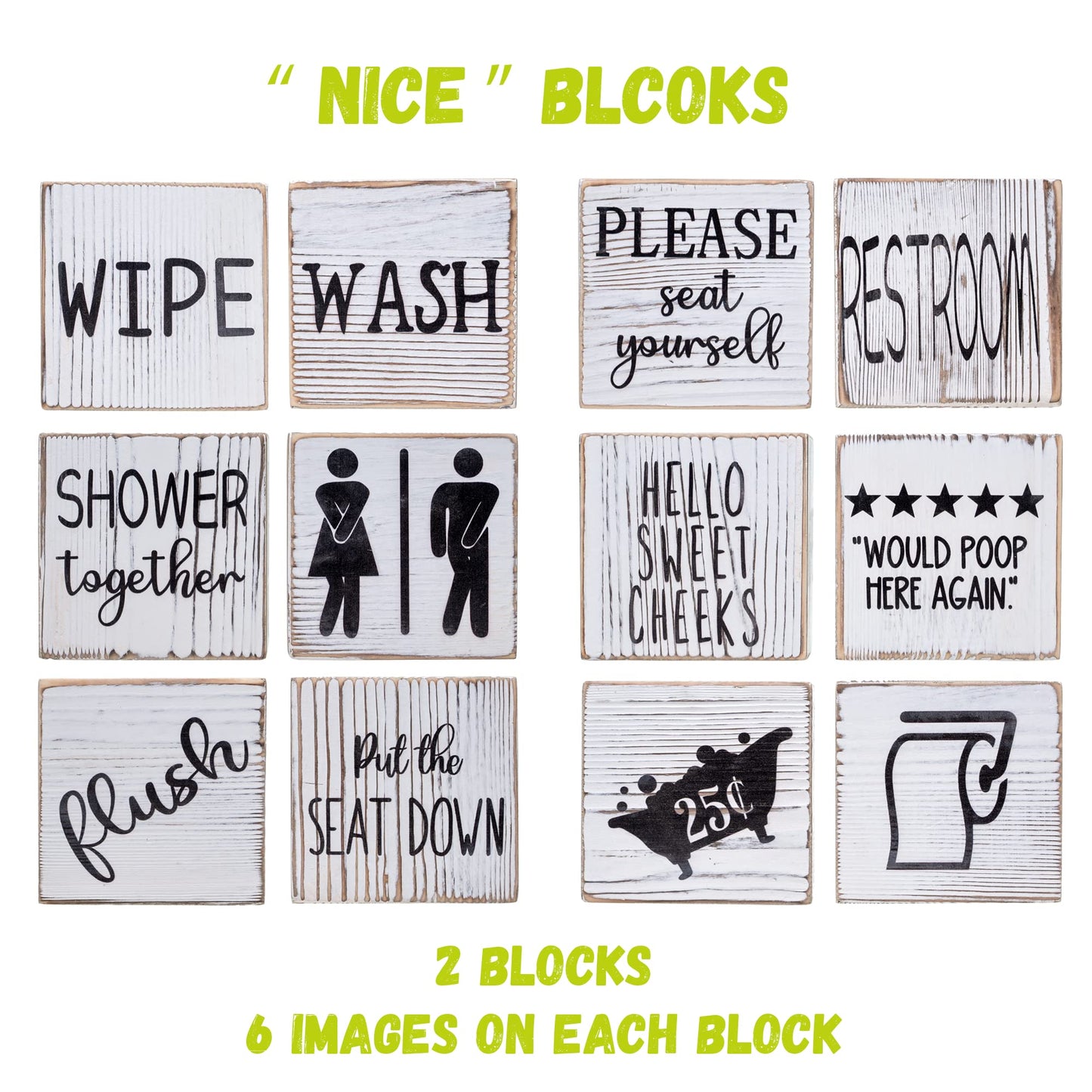 Farmhouse Block Decoration Four-Sided Funny Signs Modern Rustic Decor, Wooden Cute Guest Art Home Decorations Restroom Sign For Bathroom (Block + Plant)