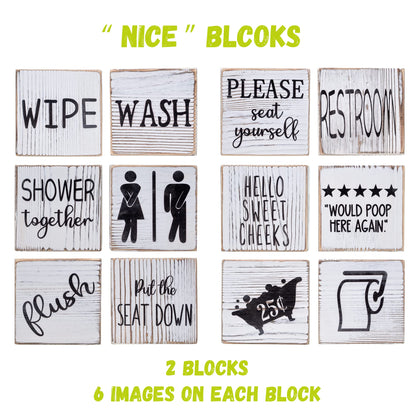 Farmhouse Block Decoration Four-Sided Funny Signs Modern Rustic Decor, Wooden Cute Guest Art Home Decorations Restroom Sign For Bathroom (Block + Plant)