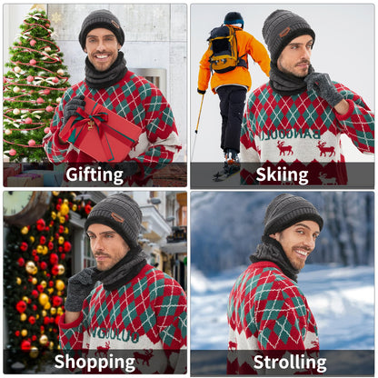 MAYLISACC 3 Pcs Mens Womens Winter Warm Fleece Beanie Hat with Touch Screen Gloves and Neck Warmer Gaiter Set Grey