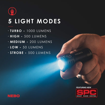 NEBO Torchy Rechargeable Pocket Flashlight | 1,000 Lumens, 5 Light Modes, Magnetic Base & Steel Clip, Water Resistant, LED Mini Flashlight for EDC & Camping, Includes Charging Cable