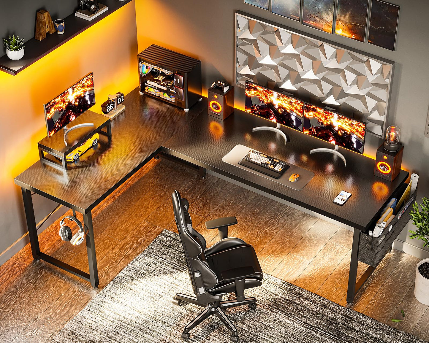 ODK L Shaped Desk, 66" Computer Corner Desk, Gaming Desk, Home Office Writing Desk with Monitor Shelf, Space-Saving Workstation Desk, Modern Simple Wooden Table, Easy to Assemble, Black