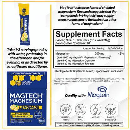 MagTech Magnesium Drink Mix - Sugar Free Lemonade - 3 Forms of Magnesium: Magtein L-Threonate, Glycinate & Taurate - 200mg Chelated Magnesium Complex - Supports Relaxation & Brain Health - 20 Servings