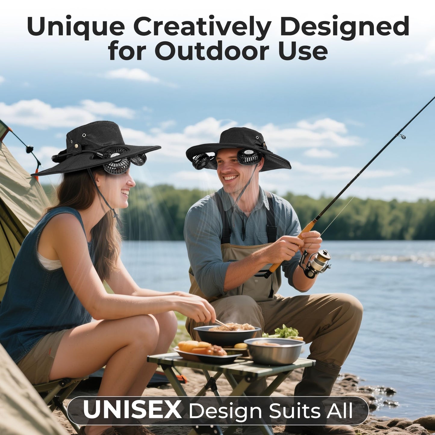 AMACOOL 2-in-1 Hands-free Hat Fan with Detachable Neck Fan, UPF 50+ Wide Brim Sun Hat, 3-Speed Adjustable, 2600mAh Rechargeable Fishing Essentials for Men Women Camping Travel Delivery Outdoor-Black