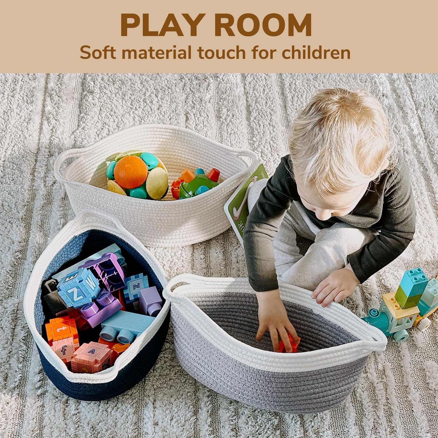 Goodpick Small Woven Storage Basket with Handles, Cotton Rope Baskets for Gifts Empty, Dog Toys, Diapers, Towels, Easter Baskets for Kids, 12" x 8" x 5", Gray