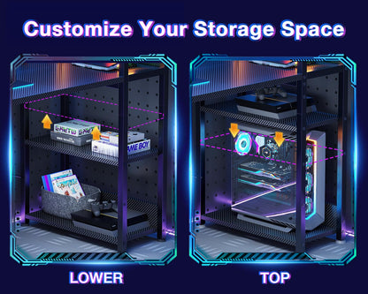 ODK Reversible Gaming Desk with USB Charging Port and LED Lights, 40 Inch Computer Desk with Storage Shelves & Monitor Stand, Study Table for Home Office, Small Space Bedroom, Carbon Fiber Black