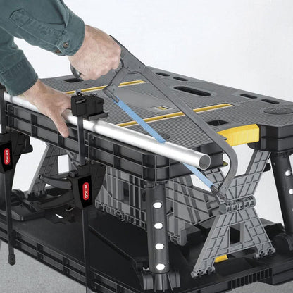 Keter Folding Work Table, Portable Workbench w/ 12" Clamps for Garage/Wood Shop - Heavy-Duty and All-Weather for DIY Home Improvements and Worksites