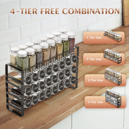JONYJ 4 Tier Stackable Seasoning Rack Organizer, Detachable Countertop Spice Jar Rack for Cabinet, Freestanding , Black Frosted Iron Kitchen Counter Shelf
