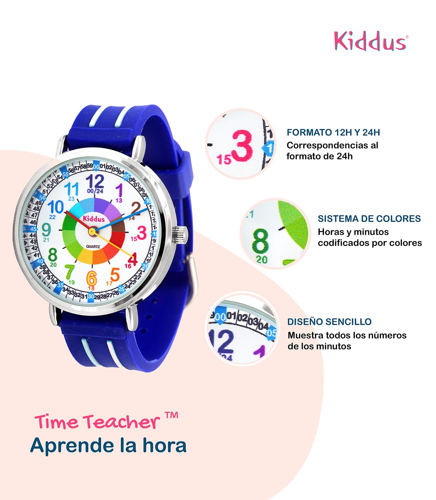 Kiddus Educational Kids Watch for Children, Boys and Girls. Analogue Time Teacher Wristwatch with Exercises. Classic Time Teacher. Blue