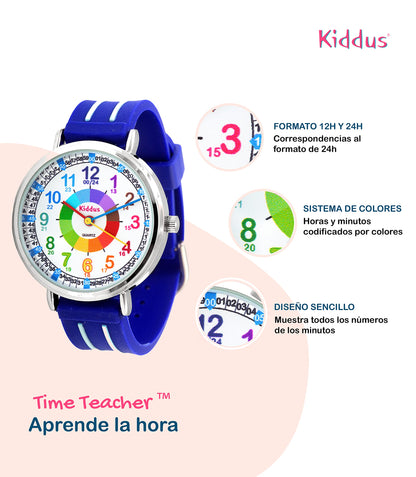 Kiddus Educational Kids Watch for Children, Boys and Girls. Analogue Time Teacher Wristwatch with Exercises. Classic Time Teacher. Blue
