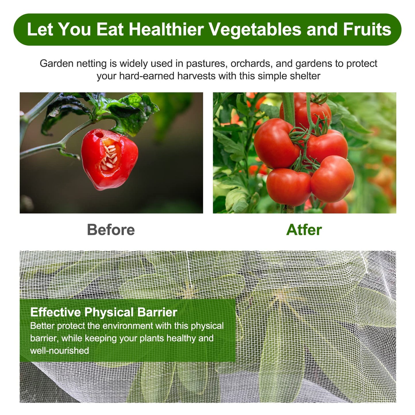 Garden Netting, Jevrench Durable Ultra Fine Garden Netting, Garden Plant Cover Row Cover Makes Plants, Vegetables, Fruits, and Flowers Grow Better (4ft x 25ft)