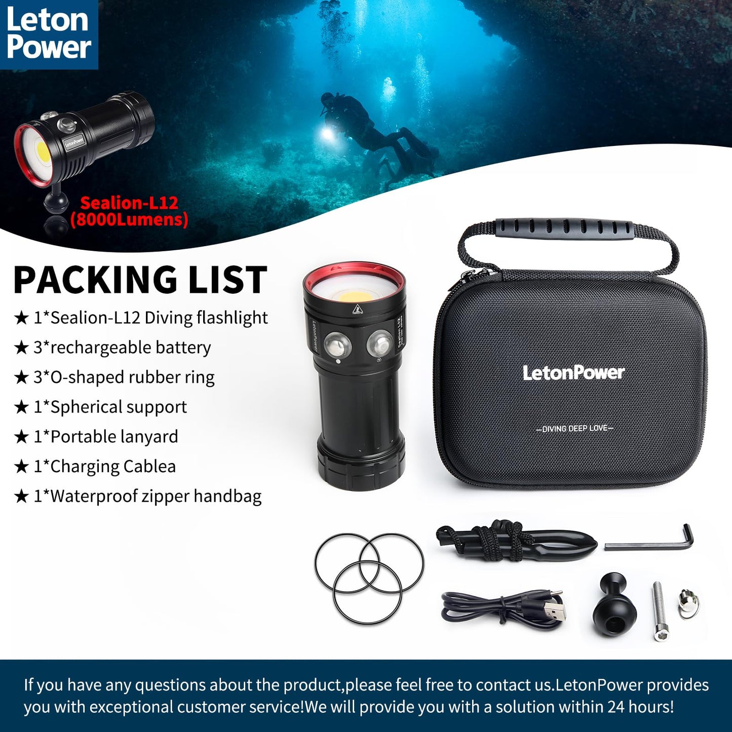 LetonPower Diving Flashlight, L12 8000Lumens Dive Light,100m Underwater Video Light, Scuba Dive Lights, Underwater Flashlight with Type-C Charging for Professional Under Water Sports