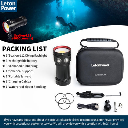 LetonPower Diving Flashlight, L12 8000Lumens Dive Light,100m Underwater Video Light, Scuba Dive Lights, Underwater Flashlight with Type-C Charging for Professional Under Water Sports