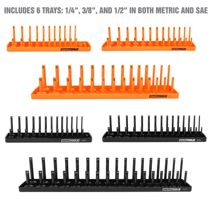 OEMTOOLS 22418 6 Piece SAE and Metric Socket Tray Set, SAE and Metric Socket Storage for Sizes 1/4", 3/8”, and 1/2" Drive, Socket Holders and Socket Organizer Tray for Toolbox, Orange and Black