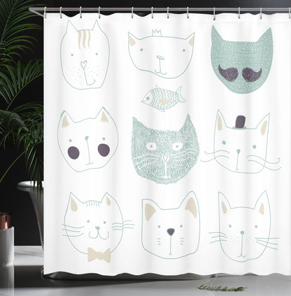 Ambesonne Cat Shower Curtain, Pets Moustache Bow Tie Hat Crown Fluffy and Fish Humor Faces Graphic, Cloth Fabric Bathroom Decor Set with Hooks, 69" W x 84" L, Soft Teal