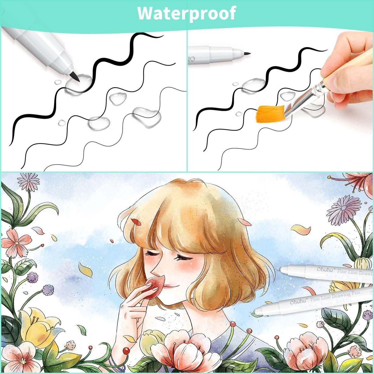 Ohuhu Fineliner Pens Micro Drawing Pens: 8-size Tips (Ultra-fine, Fine & Brush) Waterproof Pigment Black Ink for Illustration Drawing Journaling Sketching for Artist Beginners