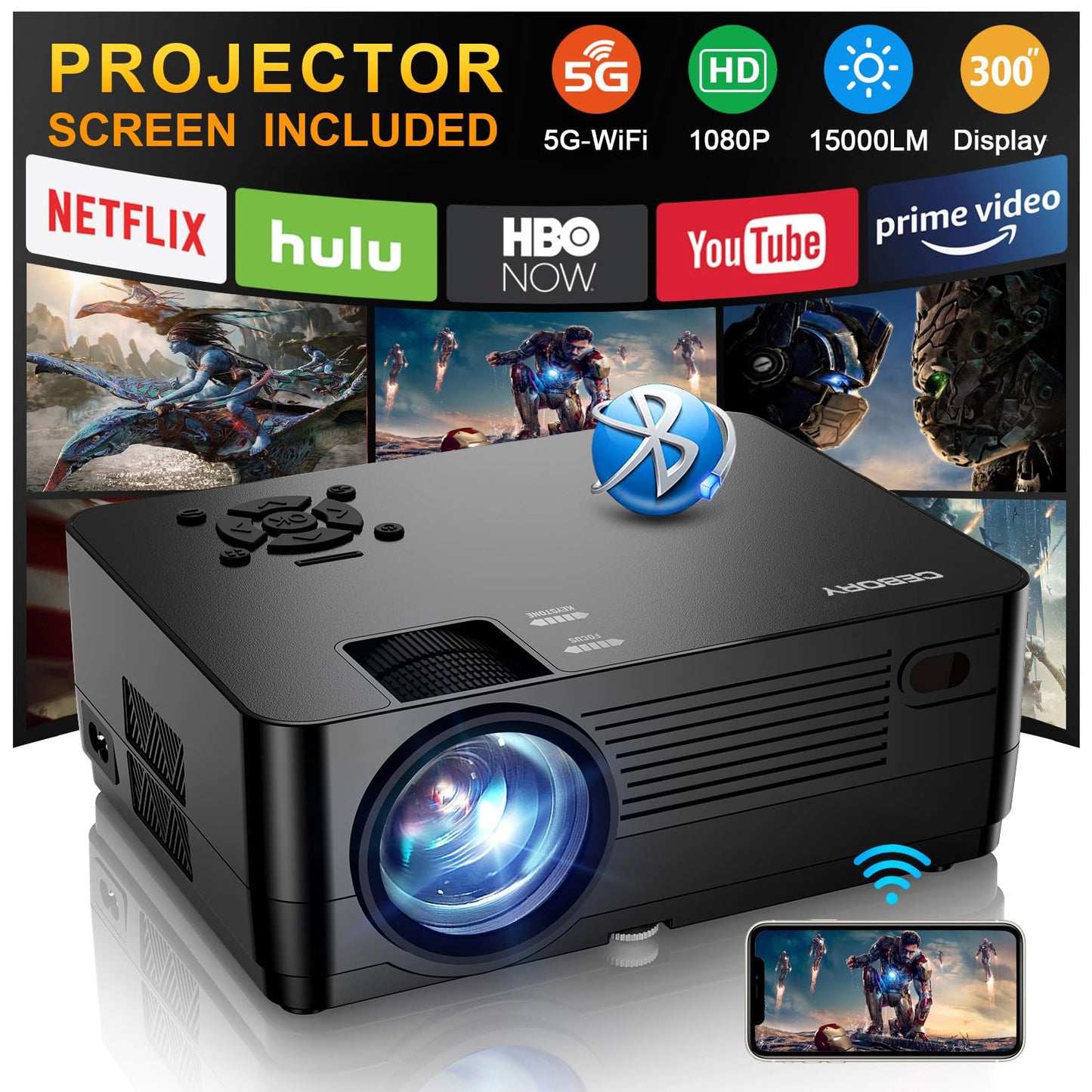 5G WiFi Bluetooth Native 1080P Projector[Projector Screen and Carrying Bag Included], CEBORY 15000LM Full HD Movie Projector,300" Display 4k Home Video Projector,Compatible with HDMI/USB/PHONE/Laptop