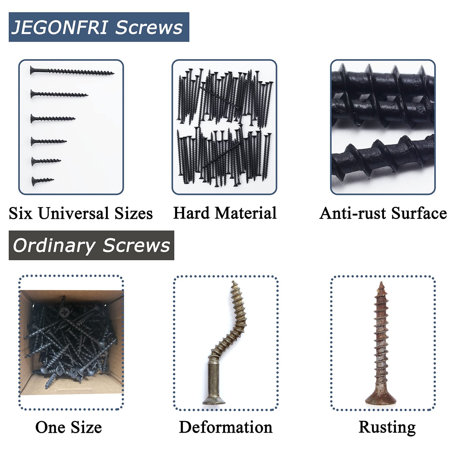 JEGONFRI High Hardness Drywall Screws Assortment Kit, 166 pcs, Coarse Thread, Phillips Drive, Black Wood Screws, Screws Assortment, Screws Set, 6 Sizes (3”,2”,1-1/2”,1-1/4”,1”,3/4”)