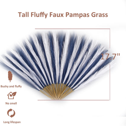Acfruits Blue and White Pampas Grass Decor, 30 Pcs 17" Faux Pampas Grass Short Decor, Pompas Grass Flower Arrangement and Vase Filler for Boho Home Wedding Decoration