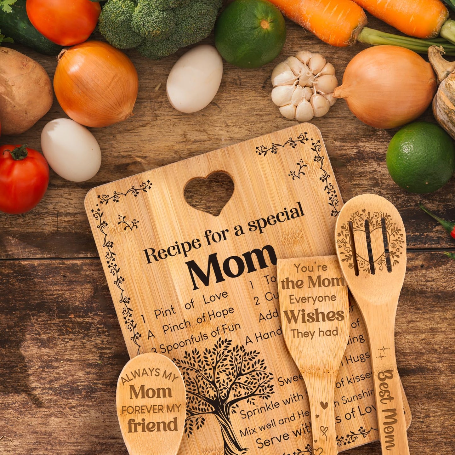 Mom Birthday Gifts - "Recipe for a Special Mom" Gifts for Mom Cutting Board Set, Bamboo-Made Engraved Utensil Set Birthday Presents for Mom