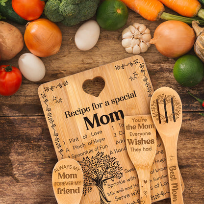 Mom Birthday Gifts - "Recipe for a Special Mom" Gifts for Mom Cutting Board Set, Bamboo-Made Engraved Utensil Set Birthday Presents for Mom